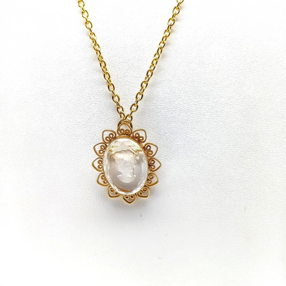 Vintage Intaglio Cameo Pendant Necklace and Brooch with Filigree Gold Tone Frame